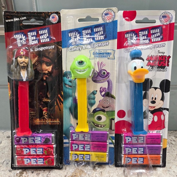 PEZ Other - 3 Disney PEZ‎ Candy Dispensers Jack Sparrow Mike Wazowski Donald Duck New Sealed